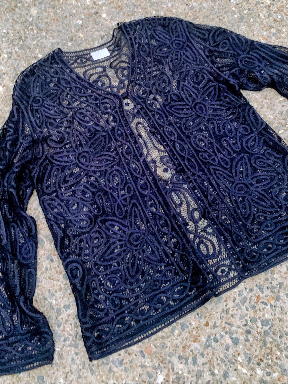 Vintage Garnet Hill 100% Silk Navy Embroidered Sheer Top